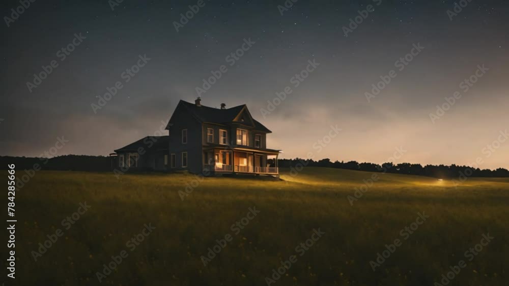 House in the middle of a meadow with a nighttime background House in the middle of a meadow with a nighttime background