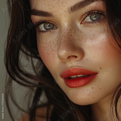Close-up of a woman with freckles on her face