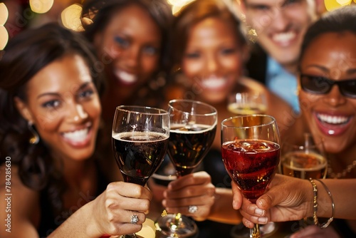Cheerful people toasting with beer, wine, and soft drinks, enjoying a gathering at a nightclub