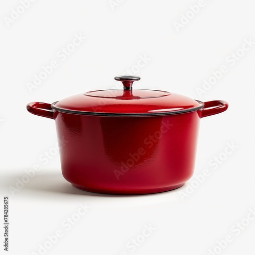 Bright red dutch oven with lid isolated on a white backdrop, highlighting simplicity and cookware elegance.
