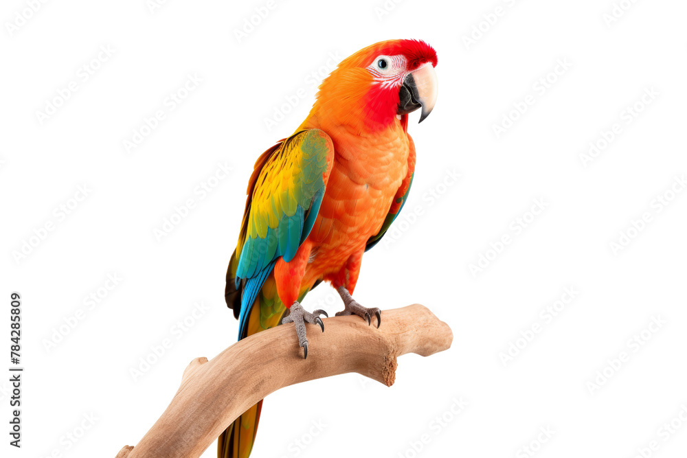 Single multi-colored parrot Perched on a wooden perch, Isolated on transparent background.