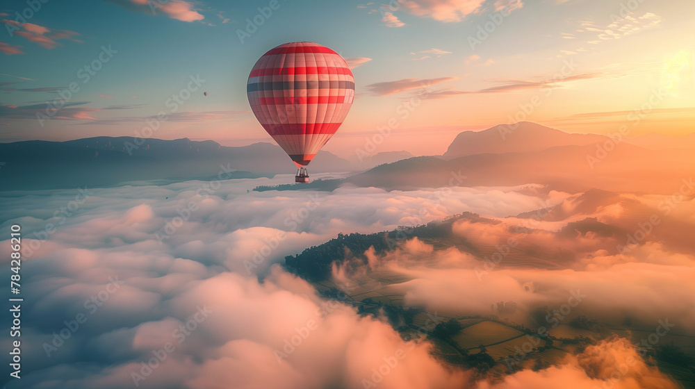 Serene Sunrise View with Hot Air Balloon Soaring Over Sea of Clouds