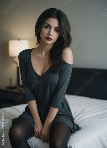 a woman with black haird, black lipstick wearing a shirt sitting on a bed Boudoir