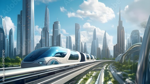 Rail Shuttle Through Cities in the Future. Fast train driving in the future. Concept for a futuristic metropolis.