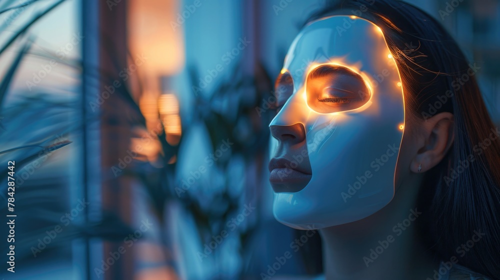 Woman in softly lit room wearing white LED facial mask, suggesting a luxurious at-home spa experience. Woman in softly lit room wearing white LED facial mask, suggesting a luxurious at-home spa experience.