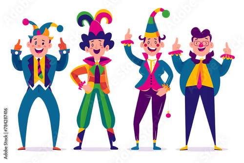 4 funny men in jester costumes smiling and pointing fingers  on a white background photo