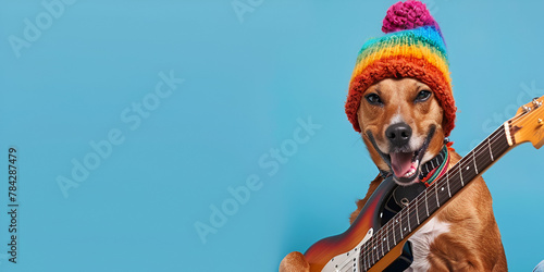 A golden colour dog with guitar sings song on blue background,