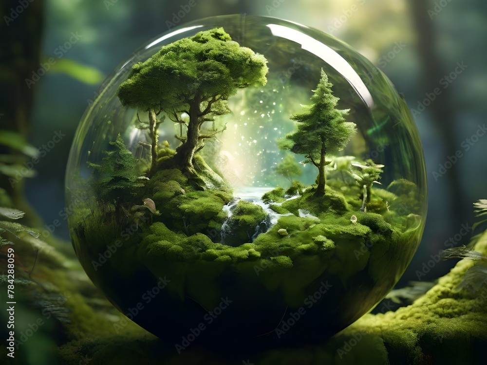 earth in a sphere, Earth crystal glass globe ball, saving the environment, saving a clean planet, ecology concept.Earth Day background, crystal  globe with forests in background