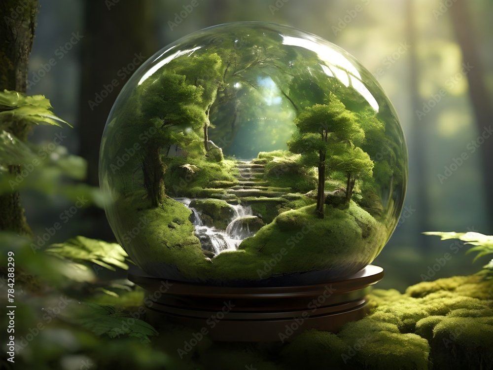 earth in a sphere, Earth crystal glass globe ball, saving the environment, saving a clean planet, ecology concept.Earth Day background, crystal globe with forests in background earth in a sphere, Earth crystal glass globe ball, saving the environment, saving a clean planet, ecology concept.Earth Day background, crystal globe with forests in background