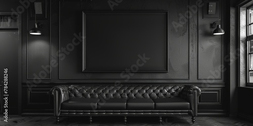 Black and white photo of a couch in a dark room