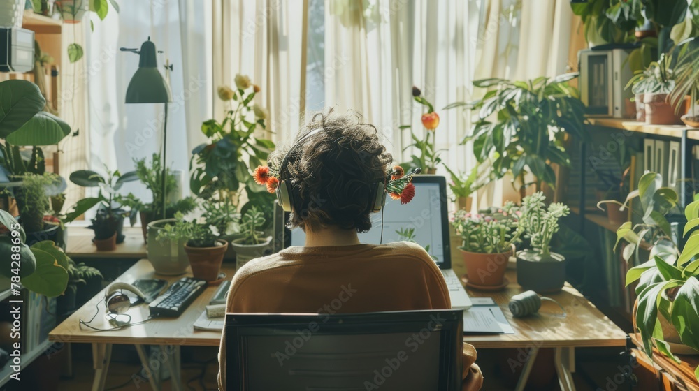 Person working at a home office surrounded by houseplants, perfect for work-life balance themes. Person working at a home office surrounded by houseplants, perfect for work-life balance themes.