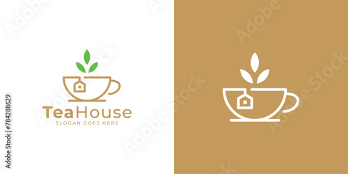 Creative Tea House Logo. Green Tea and House Logo with Linear Outline Style. Herbal Tea Logo Icon Symbol Vector Design Inspiration.