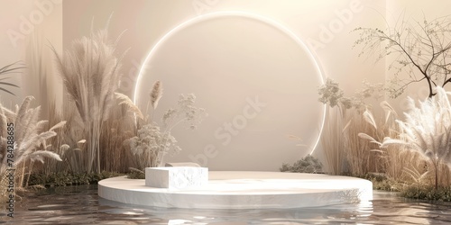 Wooden podium with circular design in misty room surrounded by lush plants