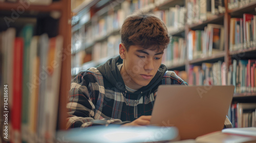 Focused student studying on a laptop in a library, ideal for education and learning themes.