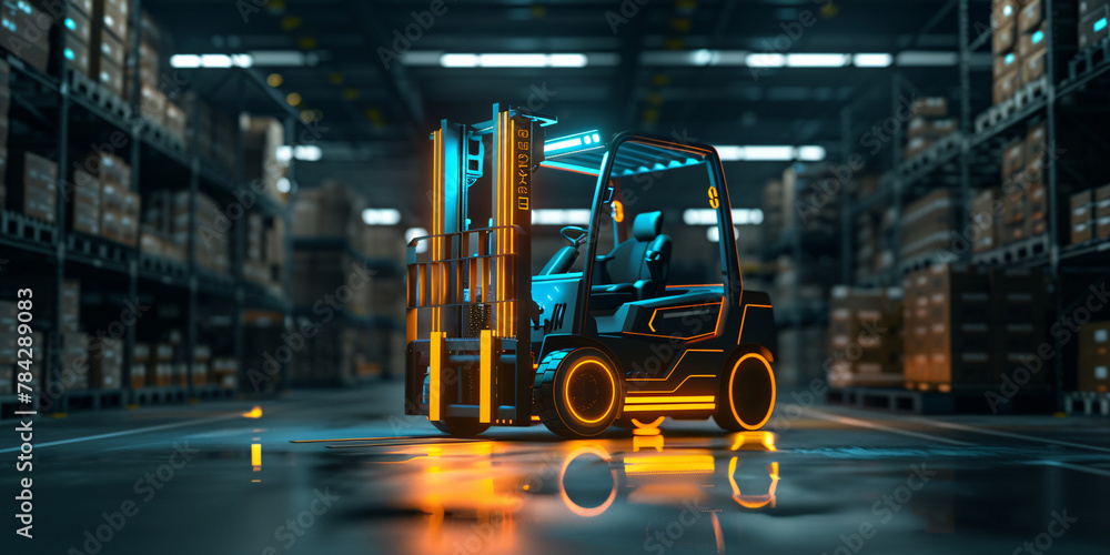 Warehouse forklift in action, moving boxes on shelves, optimizing storage space Warehouse forklift in action, moving boxes on shelves, optimizing storage space