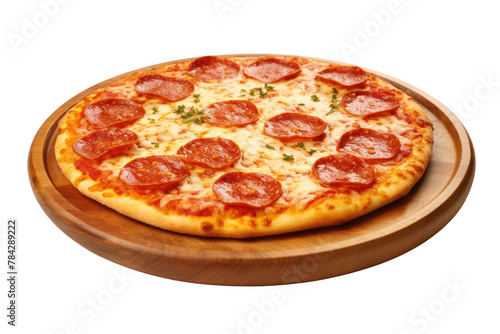 Pepperoni pizza, thin crispy dough, stretched cheese, pepperoni topping, sprinkled with oregano on a wooden tray, isolated on transparent background.