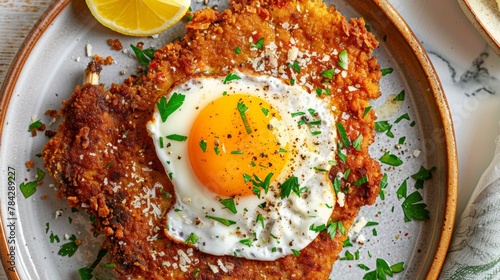 Panko fried chicken steak with crispy parmesan and fried egg. photo