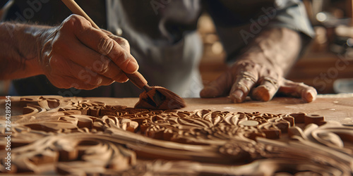 Artisan hands meticulously carving ornate details into wood. Traditional craftsmanship.
 photo
