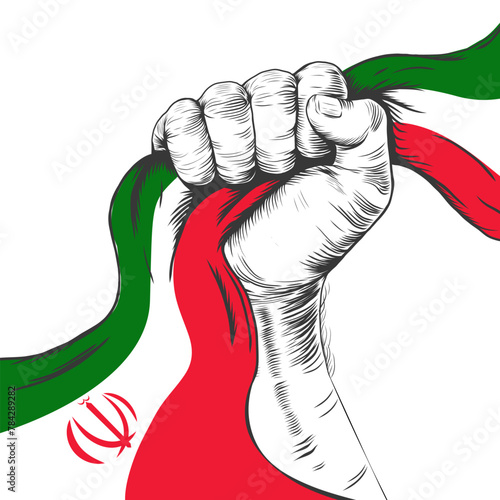 Clenched fist and Iranian flag ribbon. 1 April. Happy Independence Day of Iran. Hand and Iran flag Vector illustration on a white background. photo