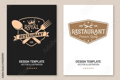 Royal Restaurant poster design. Vector Illustration. Vintage graphic design for logotype, label, badge with crown, plate, kitchen knife, fork and spoon. Cooking, cuisine logo for menu restaurant or