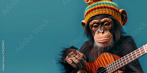 Monkey playing guitar with winter hat on blue background Instrument Talent, 