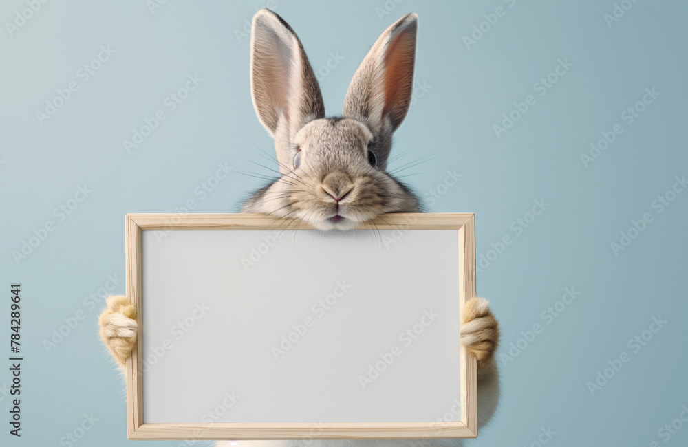 Grey bunny is holding a blank sign in wooden frame. Easter announcement on blue pastel background. Easter mock up, place for text. Easter celebration concept. Created with generative AI. Grey bunny is holding a blank sign in wooden frame. Easter announcement on blue pastel background. Easter mock up, place for text. Easter celebration concept. Created with generative AI.