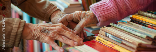 Photo of an elderly librarian helping a child find books with a close up on their hands and the book spines promoting the value of literacy and learning photo