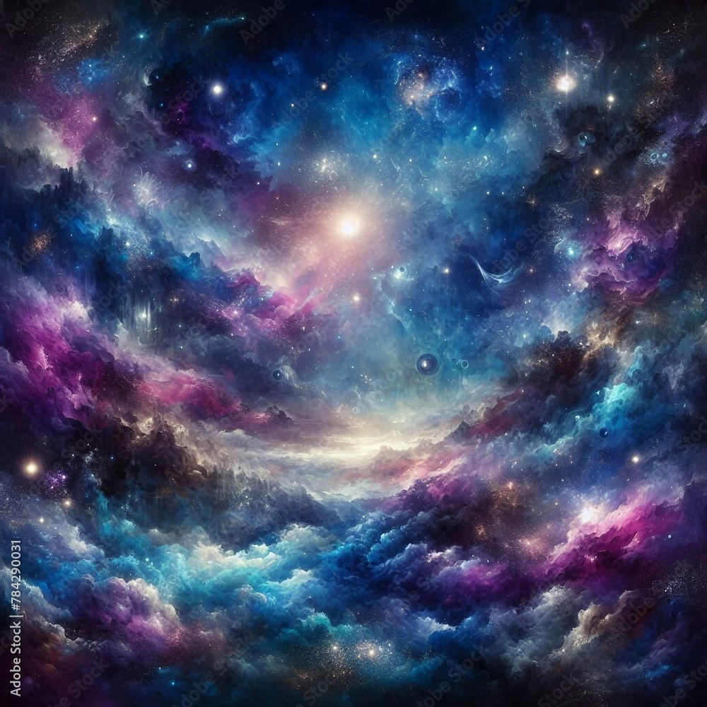 Nebula Dreams: Cosmic Landscape in Deep Blues and Glimmering Metallic Accents