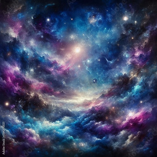Nebula Dreams  Cosmic Landscape in Deep Blues and Glimmering Metallic Accents