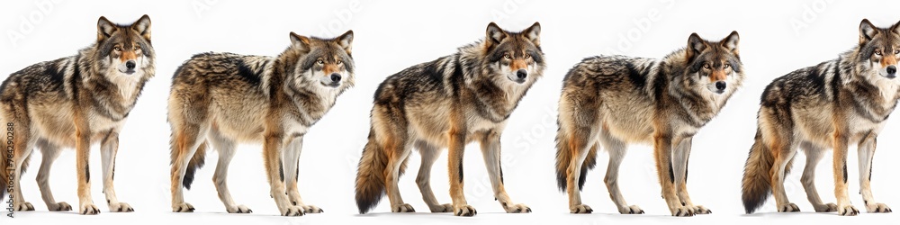Set of grey wolf in different poses, sitting and howling on white background. A wolf family, adult grey wolves standing in different poses and howling at the sky. Set of grey wolf in different poses, sitting and howling on white background. A wolf family, adult grey wolves standing in different poses and howling at the sky.