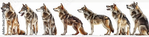 Set of grey wolf in different poses, sitting and howling on white background. A wolf family, adult grey wolves standing in different poses and howling at the sky.