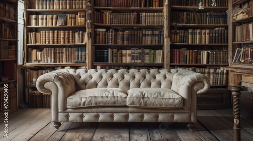 Antique chesterfield sofa in an old library, books surrounding © mogamju