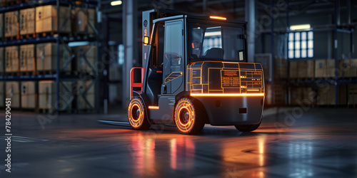 Efficient forklift operation in warehouse, maneuvering among shelves with boxes