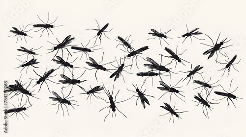 A flock of flying mosquitoes. Silhouette graphic image, generative ai