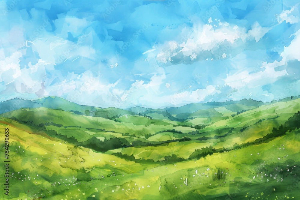 Beautiful idyllic  landscape with a green hills in a sunny day. Watercolor illustration. AI generative