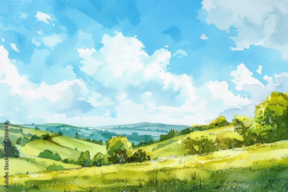 Beautiful idyllic  landscape with a green hills in a sunny day. Watercolor illustration. AI generative