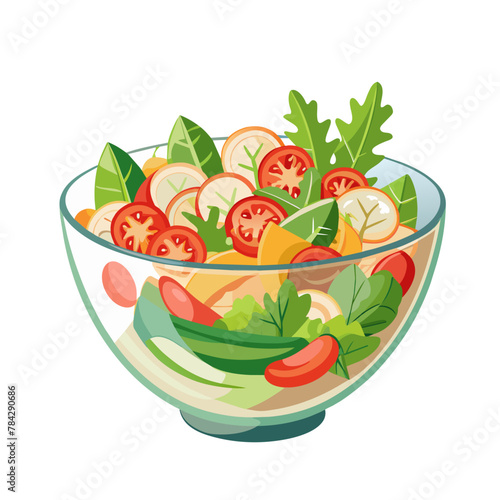 Green salad of fresh vegetables in transparent salad bowl on white background