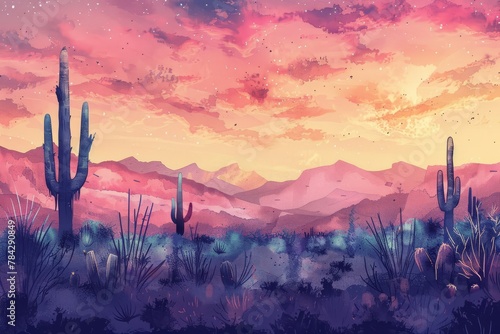 Beautiful landscape with a desert with a cacti. Watercolor illustration. AI generative photo
