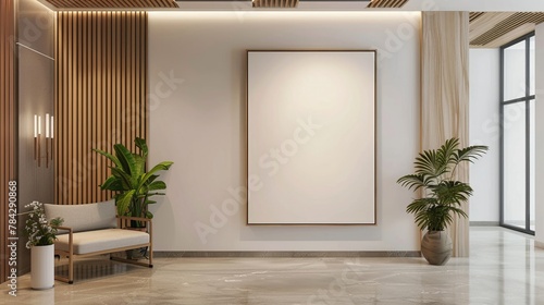 Interior of a contemporary entrance hall with a blank mock-up frame, clean lines