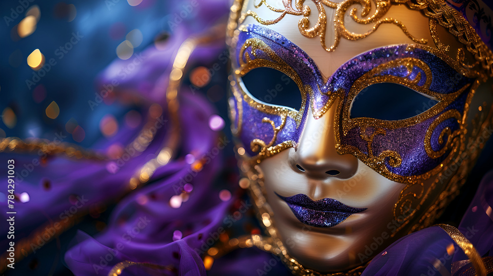 A gold mask with a purple ribbon around it. Mardi gras, generative ai