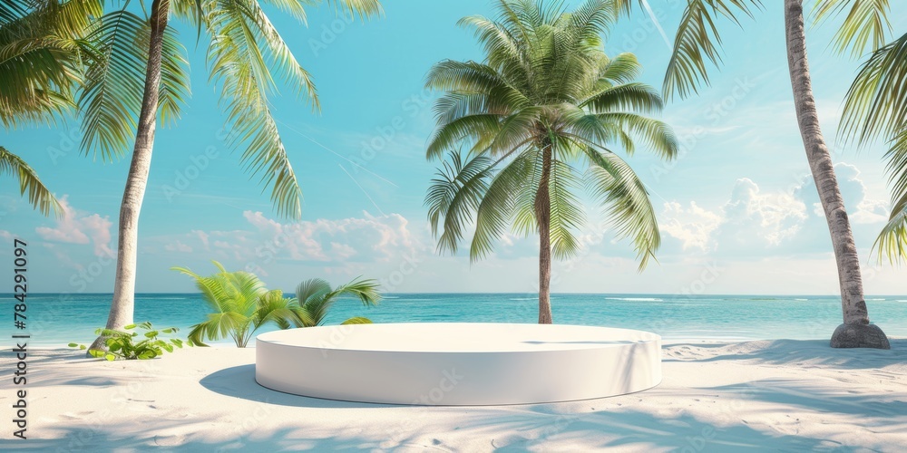 A white podium on a beach with palm trees, azure water, and clear blue sky A white podium on a beach with palm trees, azure water, and clear blue sky
