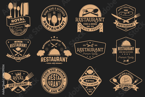 Set of Restaurant logo. Vector Illustration. Vintage graphic design for logotype, label, badge with plate, steak, cloche with lid, fork and knife. Cooking, cuisine logo for menu restaurant or cafe.