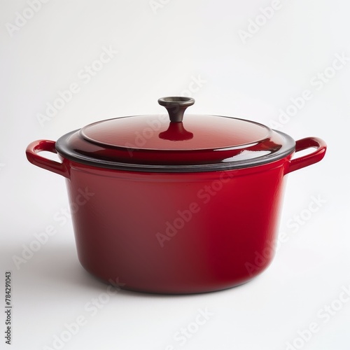 A stunning red enameled Dutch oven on a white background, embodying both function and style.