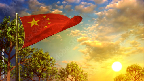 waving flag of China at sunset for state holiday - abstract 3D illustration