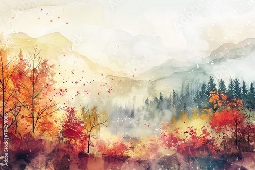 Beautiful autumn forest. Watercolor illustration. AI generative