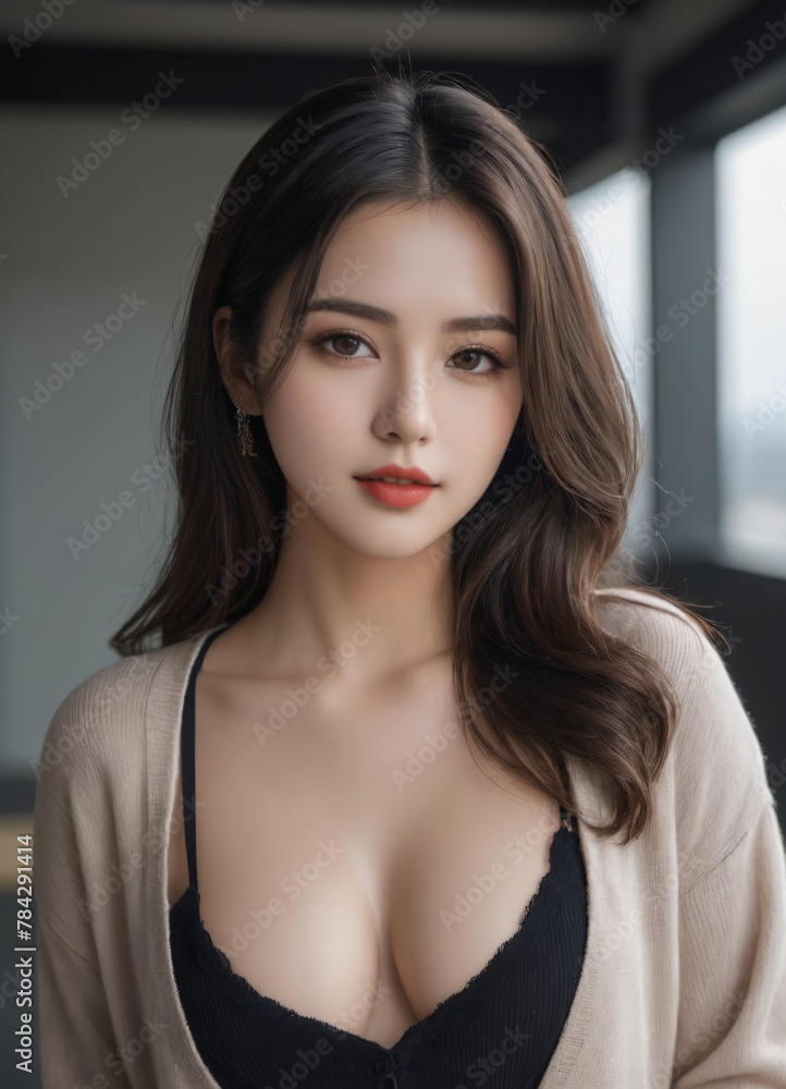 asian woman with a very large breast wearing a black bra top and a tan cardigan sweater