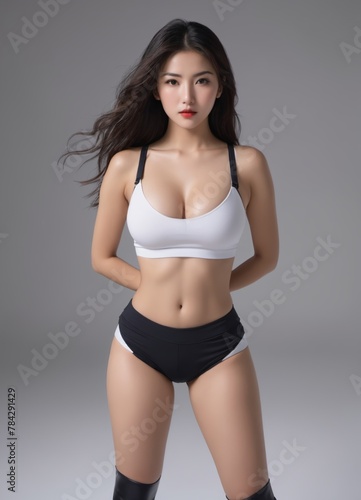 asian woman in a white bra and black shorts posing for a picture with hand behind her back on gray background