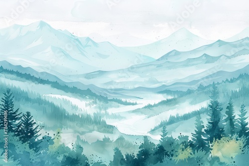 Beautiful mountains and forest. Watercolor illustration. AI generative © tiena