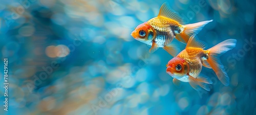 Two goldfish swimming in the water, as if in a fish tank, with a closeup shot. © Sabina Gahramanova