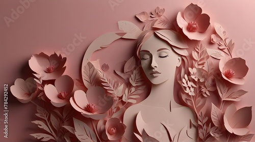 International Women's Day 8 march with frame of flower and leaves , Paper art style .Generative AI © ourhome
